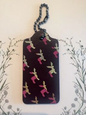 Coach Leather Bag Tag Charm - Glitter Reindeer Pink Boots Holida Christmas -Firm